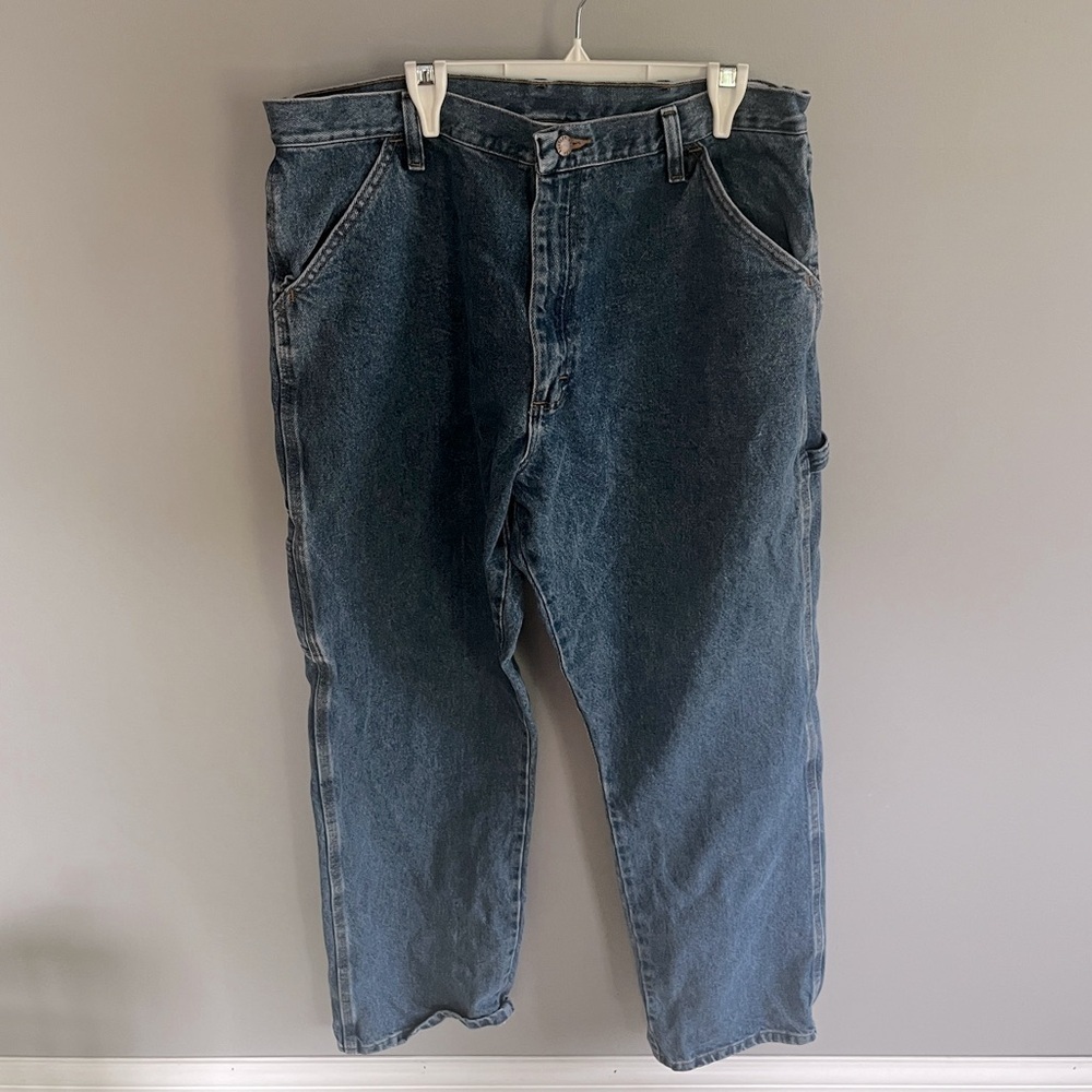 Vintage Rustler Carpenter Jeans Blue Denim Sz 36x32 Lots of pockets Hammer Loop